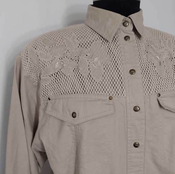 Together Tops - Together! 90s Vtg Button Collar Shirt Mesh Flower Safari Long Batwing Sleeve Med